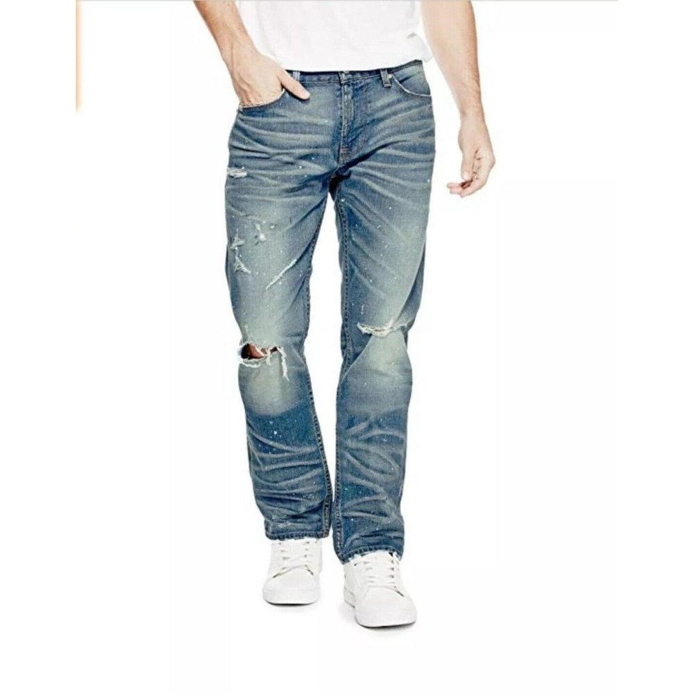 Guess Men's Slim Straight Jeans  Paint Splatters With Destroy Size 28